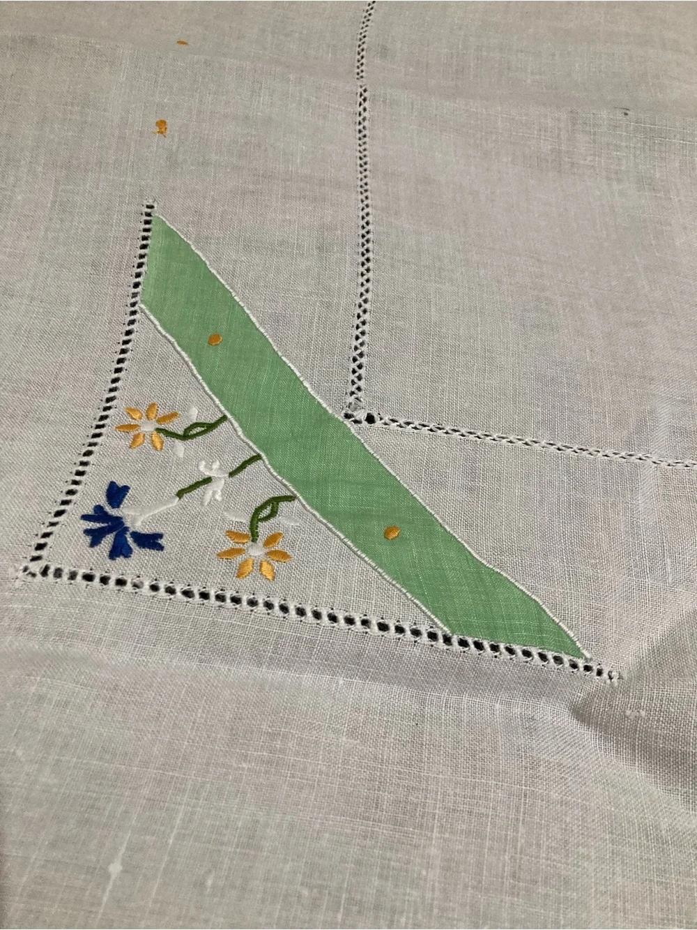 Embroidered Linen Hand Appliqué Tablecloth  Green Accents 33 inches square